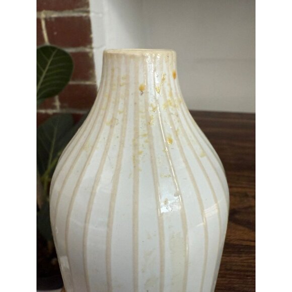 West Elm White Ceramic Vase with Pinstripe Design - Picture 2 of 7